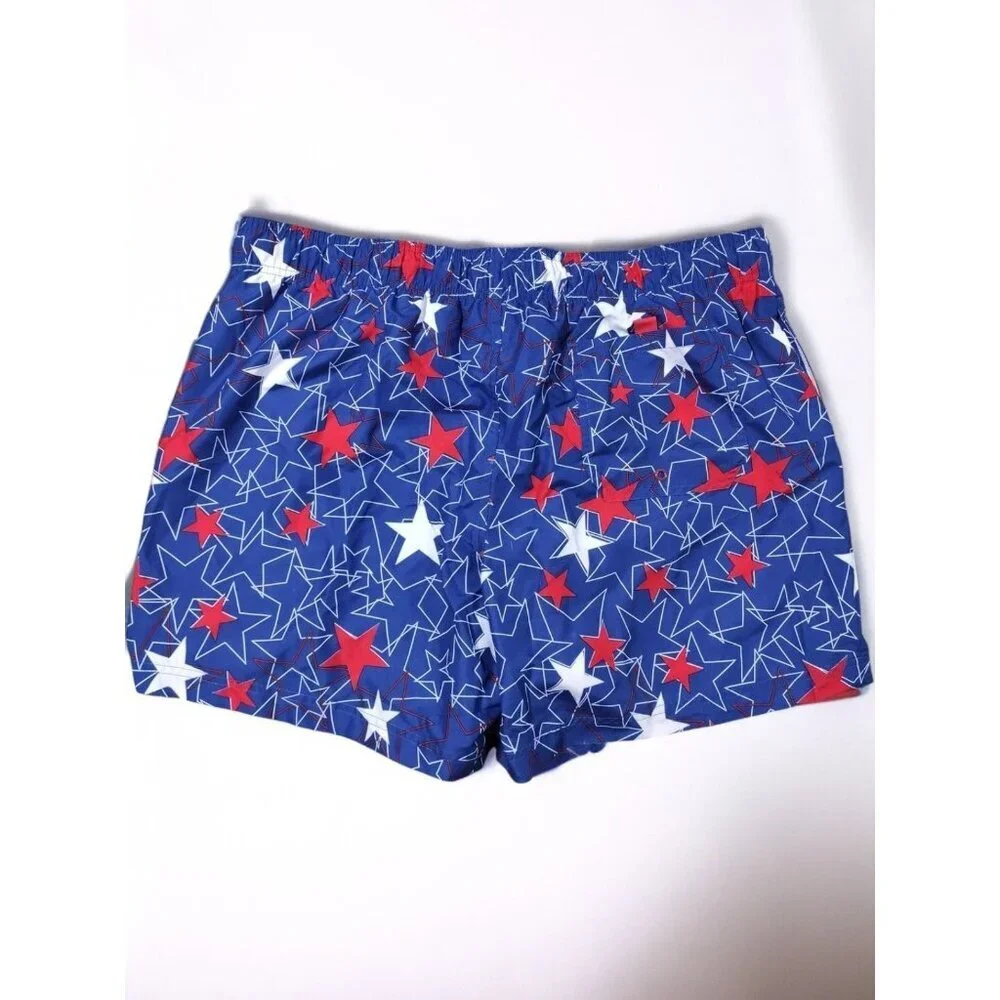 George Mens Swim Shorts Blue Red Star Print Size Large 36-38 Elastic Waist